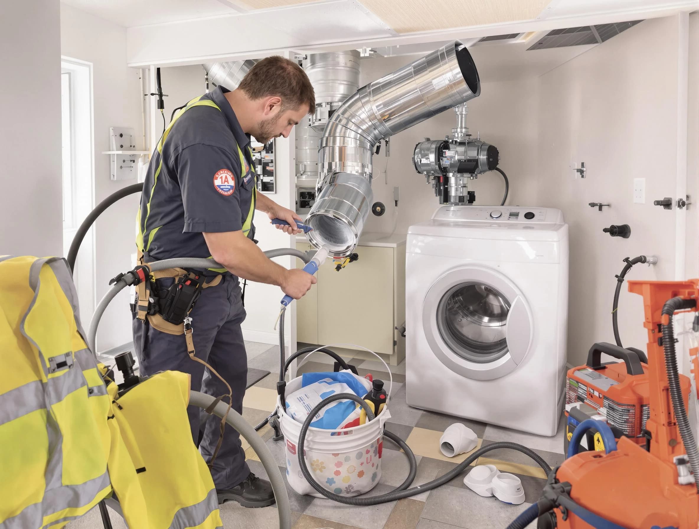 Mission Viejo Dryer Vent Cleaning technician using specialized equipment to clear severe dryer vent blockage in Mission Viejo